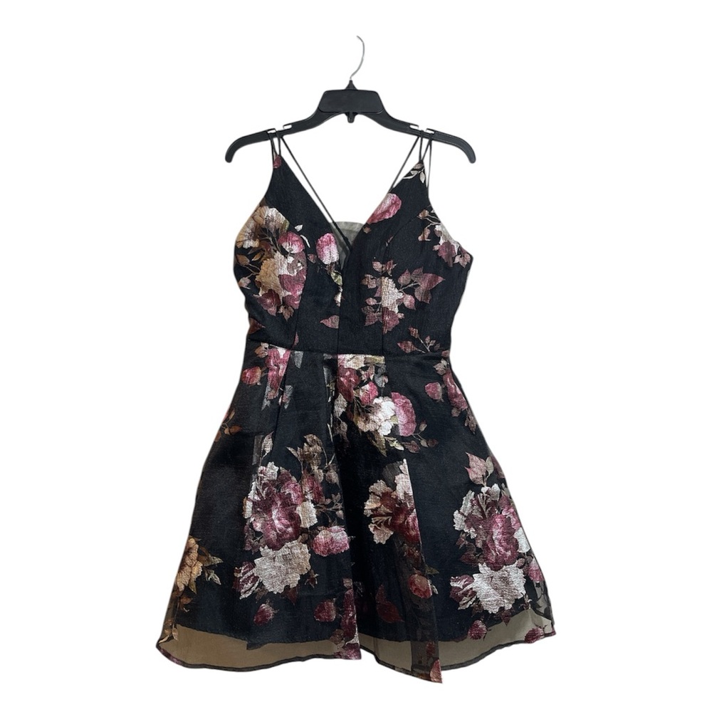 Midnight Doll Black Floral Sleeveless Criss Cross V Neck Tule Mini Dress Size 9